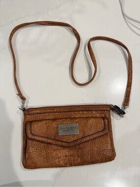 Kim Rogers Tan Croc-Embossed Clutch with Metal Logo Plaque